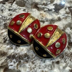 Vintage Ladybug Clip On Earrings Huge Lucky Red Enamel Gold Chunky NOS 1980s